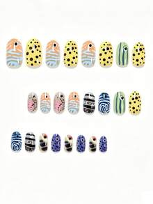 24pcs Short Oval False Nail Stickers, Cute Cartoon Design, Including Black Polka Dot, Leopard Print, Light Blue Stripe, Zebra Print, Colorful Y2K Style, Orange Gradient, Retro Fashion Black & White Color Block Stripe, Tortoiseshell, Navy Blue Swirl And More Styles, Suitable For Women And Girls, Comes With 1 Adhesive Sheet And 1 Mini Tape Nails - Multicolor - View 2