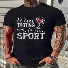 Camiseta deportiva exclusiva para el Día de la Independencia y el Día del Padre con dise?o decorativo "El vino es mi favorito", camiseta unisex estampada, top de verano negro de manga corta con cuello redondo, camiseta estampada de manga corta de verano 2026, 180 g. - Negro - Ver 1