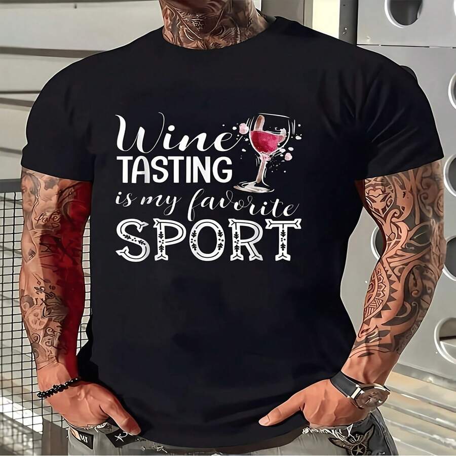 Camiseta deportiva exclusiva para el Día de la Independencia y el Día del Padre con dise?o decorativo "El vino es mi favorito", camiseta unisex estampada, top de verano negro de manga corta con cuello redondo, camiseta estampada de manga corta de verano 2026, 180 g. - Negro - Ver 1