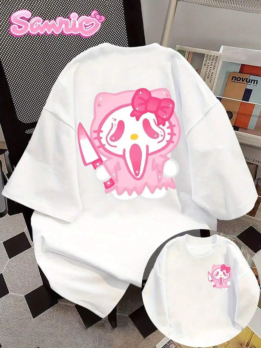 Camiseta de Mujer   - Diseño Adorable de Calavera Rosa con Cuchillo, Estilo Gótico Kawaii Anime, Lavable a Máquina, Ropa Casual para Todos los Días y Halloween, Estilo Streetwear, Tejido Cómodo, Cuello Redondo, Para Aficionadas a la Moda - Blanco - Ver 1
