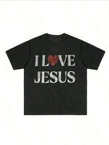 Men's Premium Unisex Casual T-Shirts 2026 AF, 100% Cotton, With Distressed "I Love Jesus" Graphic Print, Perfect For Everyday Wear By Christian Men, It's An Ideal Gift Choice. - 黑色 - 查看 3
