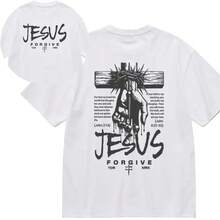 [Camiseta Gráfica] Línea "Forgiveness Sagrado": Camiseta con efecto lavado ácido, Camiseta de algodón y Sudadera. Presenta estampados de "JESÚS+PERDÓN+Cruz en la Mano+Corona de Espinas+Versículos Bíblicos"-atrevido y fiel a la fe, ideal para salidas callejeras, uso diario, cómodo y distintivo. camisa holgada - Blanco - Ver 1