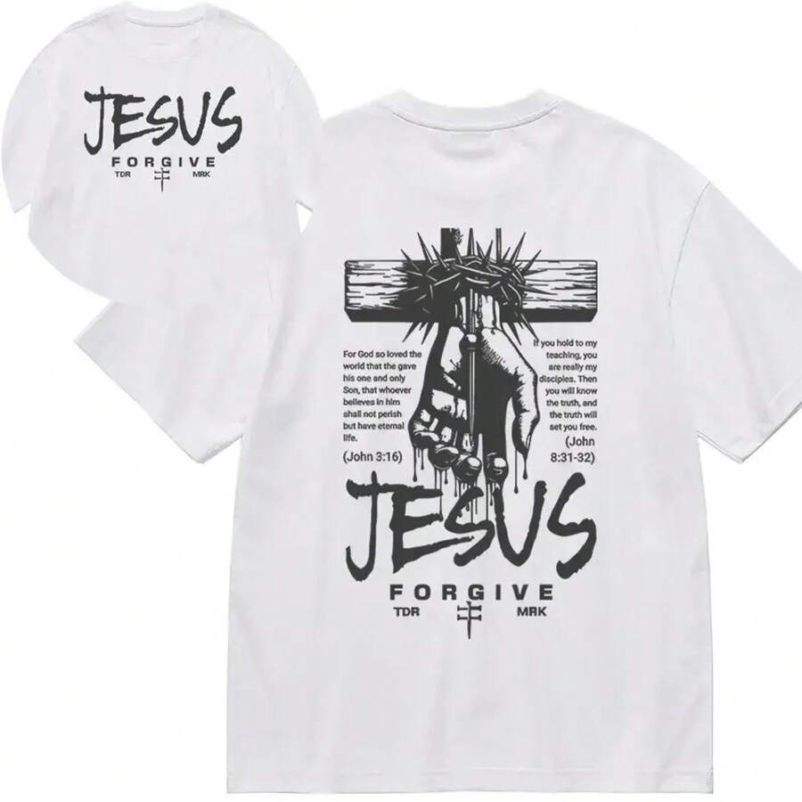 [Camiseta Gráfica] Línea "Forgiveness Sagrado": Camiseta con efecto lavado ácido, Camiseta de algodón y Sudadera. Presenta estampados de "JESÚS+PERDÓN+Cruz en la Mano+Corona de Espinas+Versículos Bíblicos"-atrevido y fiel a la fe, ideal para salidas callejeras, uso diario, cómodo y distintivo. camisa holgada - Blanco - Ver 1
