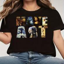 Camiseta de manga corta de algodón con cuello redondo y estampado artístico para mujer, corte regular, ideal para uso diario, tejido ligeramente elástico. - Negro - Ver 1