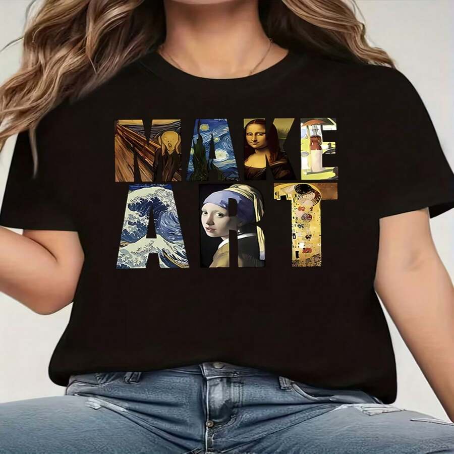 Camiseta de manga corta de algodón con cuello redondo y estampado artístico para mujer, corte regular, ideal para uso diario, tejido ligeramente elástico. - Negro - Ver 1