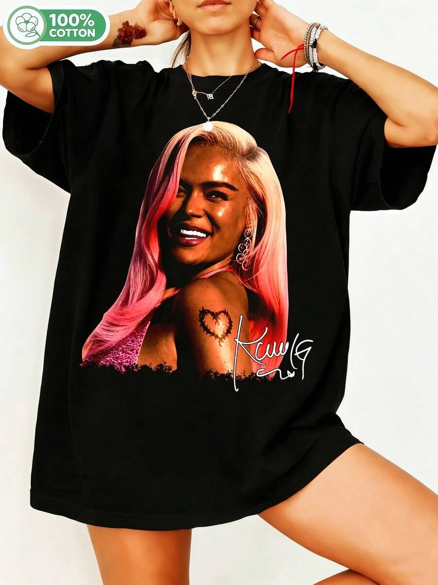 Kekee Palmer Fanart T-Shirt, Pink Ombré Hair Portrait With Heart Thorn Tattoo, Retro Pop-R&B Star Style, Unisex Oversized 100% Cotton Crew Neck Casual Streetwear Celebrity Fan Tee. - Black - View 1