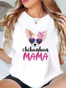 Camiseta de Mujer con Estampado de Mamá Chihuahua - Camiseta de cuello redondo, suave y transpirable, con un lindo diseño de Chihuahua, rosas rosadas y gafas rosadas - Camiseta divertida para amantes de las mascotas - Una prenda casual imprescindible para todas las estaciones - Top de mujer para todas las estaciones. - Blanco - Ver 1