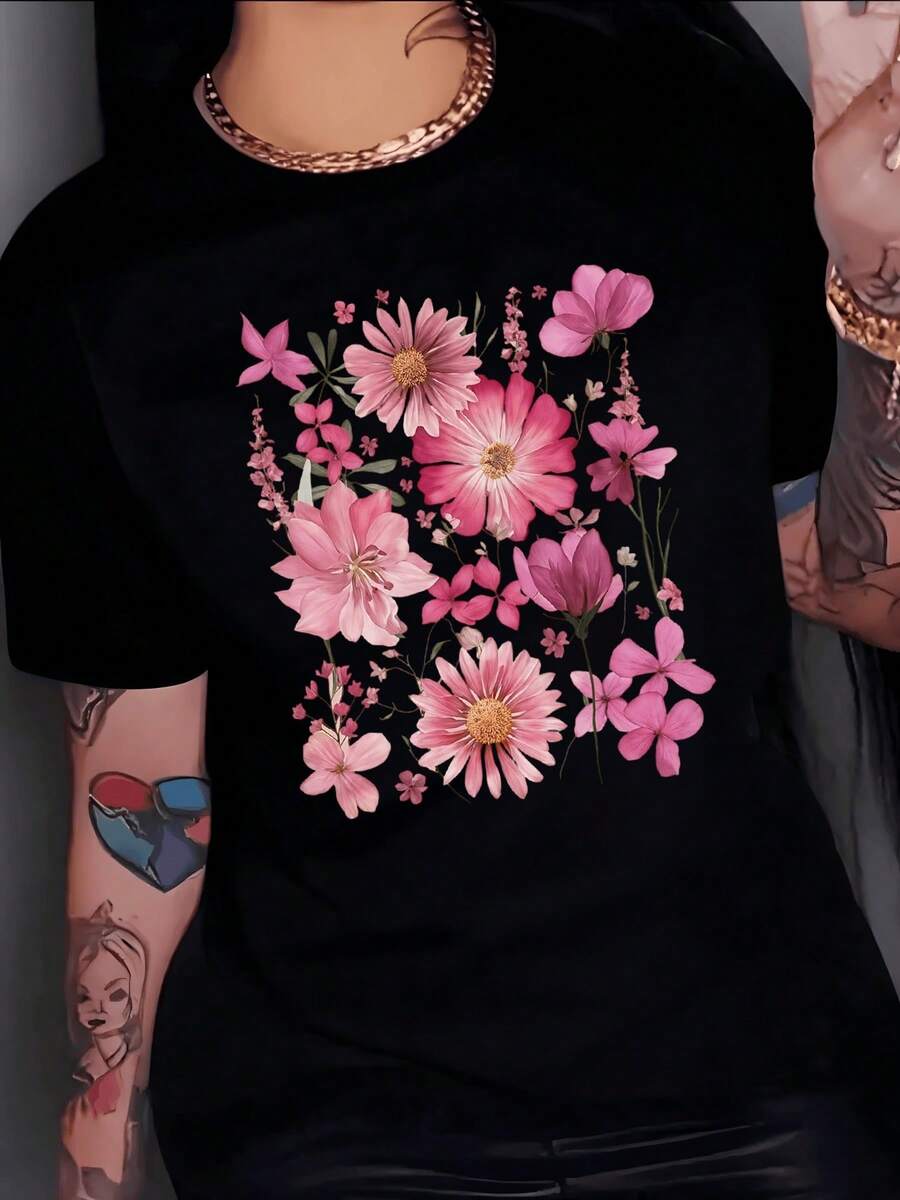 Flores rosadas que simbolizan alegría esperanza y delicadeza con pétalos abiertos que evocan la belleza natural del alma femenina camiseta de mujer casual fresca cómoda perfecta para uso diario - Negro - Ver 1