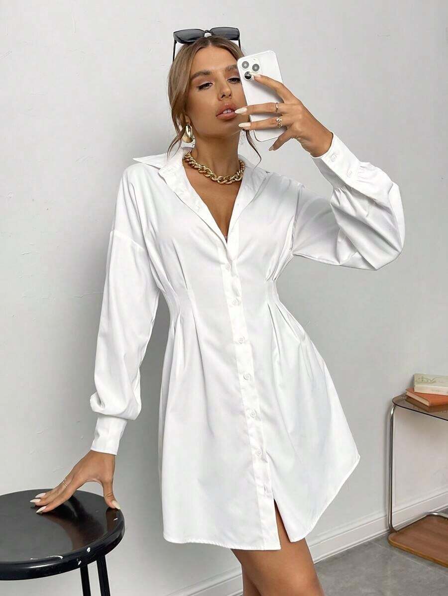 Vestido camisero fruncido de hombros caídos - Blanco - Ver 1