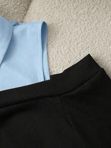 Blusa minimalista francesa de 2 en 1 con hombros descubiertos y mangas abullonadas, en contraste de color clásico negro y blanco para mujeres - Azul - Ver 4