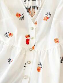 Blusa de mujer de talla grande con estampado floral de gasa, estilo casual de frente abierto tipo resort, versátil para primavera, verano y otoño - Blanco - Ver 4
