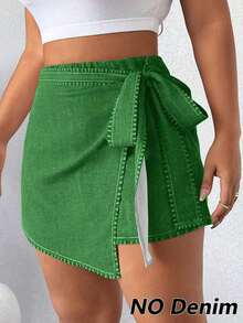 Falda-short casual con bajo asimétrico y lazo lateral para mujer de talla grande - Verde 2 - Ver 4