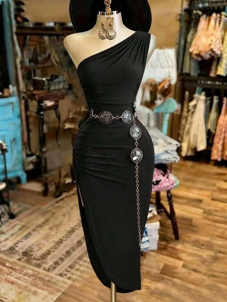 Vestido de fiesta de longitud media con diseño de abertura y cintura ceñida de unicolor elegante para mujer - Negro - Ver 1