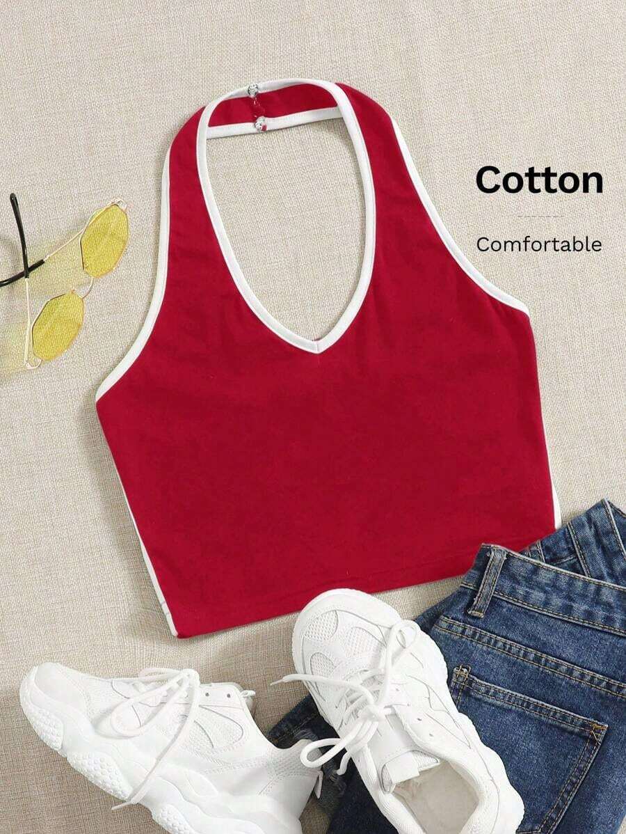 Top halter corto unido en contraste - Rojo y blanco - Ver 1