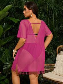 Swim  Salida de playa tipo kimono con flecos para talla grande - Rosa Fucsia - Ver 2