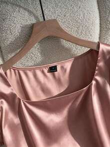 Blusa casual elegante de satén con cuello cuadrado francés, mangas de pétalos y pliegues, adecuada para ir al trabajo, uso diario, reuniones y fiestas, primavera/verano - Rosa vieja - Ver 5
