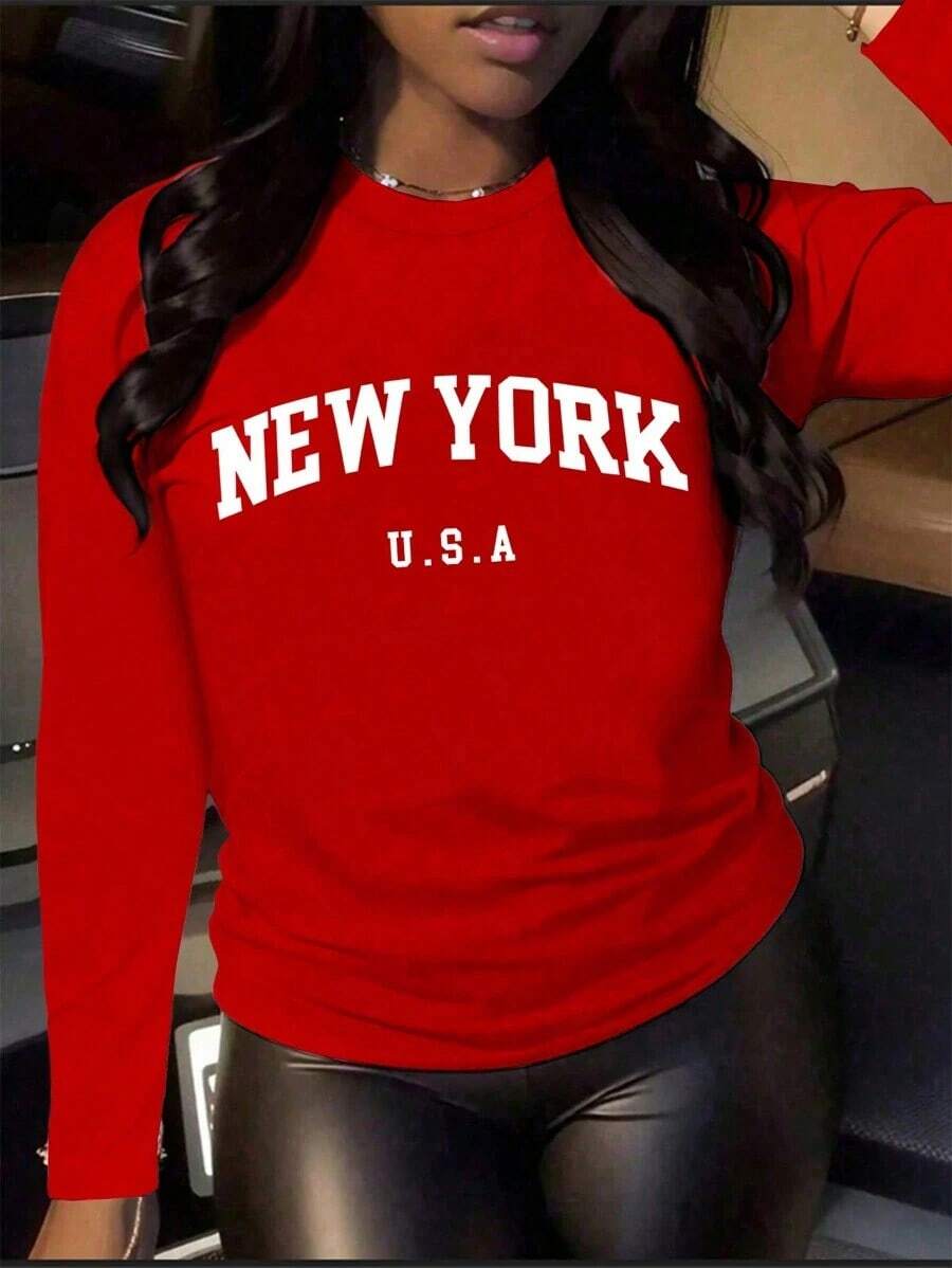 Camiseta casual de manga larga con cuello redondo y estampado de letras negras para mujer, blusas gráficas para mujer en primavera - Rojo - Ver 1