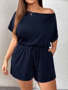Mono de talla grande para mujer, ropa de verano, shorts, hombros descubiertos y graciosos, conjunto de verano para mujer, atuendo de rave de festival, conjunto de verano para vacaciones de mujer, mono casual de mujer - Azul - Ver 1