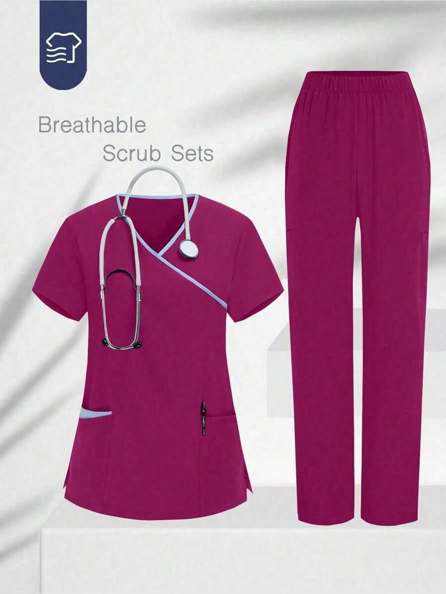 Conjunto de uniforme de pijama de unicolor con parches, cuello en V y manga corta - Rosa Fucsia - Ver 1