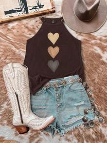 Top sin mangas con estampado de corazón, adecuado para el verano, top ajustado de mujer para volver al colegio, casual - Marrón - Ver 5