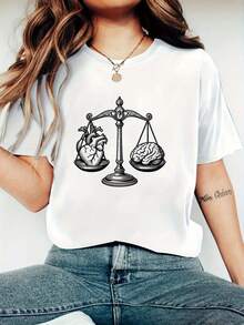 Women's Pure Cotton T-Shirt, 2026 Style, Modern And Creative Print, Suitable For All Seasons, Simple, Casual, Comfortable, Fashionable, Soft, Ideal For Fitness And Daily Outdoor Activities, Versatile And Fashionable Style, Short Sleeve T-Shirt With Round Neck And Breathable - Vintage T-Shirt. - 白色 - 查看 6