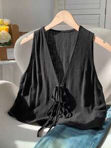 2026 Nuevo Top sin mangas con cuello en V, lazo delantero y bordado floral para mujer, ideal para vacaciones en la playa, uso casual, estilo Y2K de los 2000, primavera, graduación, fiesta de boda, vacaciones elegantes, San Valentín, carnaval, - Negro 2 - Ver 7