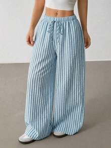 Pantalones casuales anchos de pierna ancha con rayas para mujer - Azul - Ver 6
