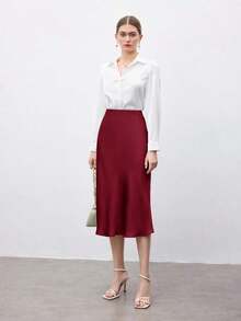 Falda negra básica de corte evasé para mujer, adecuada para el transporte urbano, negocios, uso casual, oficina, y atuendo formal elegante para mujer - Burdeos - Ver 4
