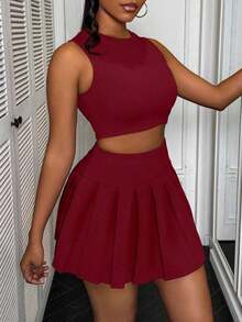 2 piezas Conjunto para mujer con top de tirantes con corazón calado y falda plisada - Rojo - Ver 4