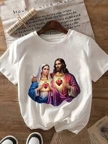 Red Short-Sleeved T-Shirt With A Religious Print Of Mary, Made From Comfortable 220G Fabric, Perfect For Everyday Casual Wear, An Ideal Gift For Loyal Followers And Friends, With A Loose Fit And Heart Design, Festive Outfit For Christmas Parties For Adults - 白色 - 查看 1