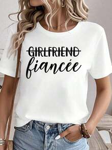 Camisetas gráficas 100% algodón para mujer, tops de verano, camiseta de cuello redondo, ropa de mujer 100% algodón, conjuntos de verano para mujer, camisetas a juego para novias, prometidas, parejas de compromiso, camisetas blancas para mujer. - Blanco - Ver 1