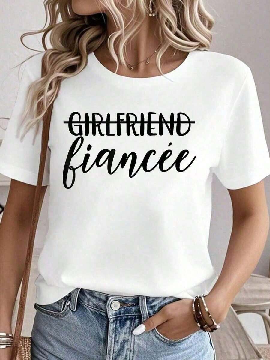 Camisetas gráficas 100% algodón para mujer, tops de verano, camiseta de cuello redondo, ropa de mujer 100% algodón, conjuntos de verano para mujer, camisetas a juego para novias, prometidas, parejas de compromiso, camisetas blancas para mujer. - Blanco - Ver 1