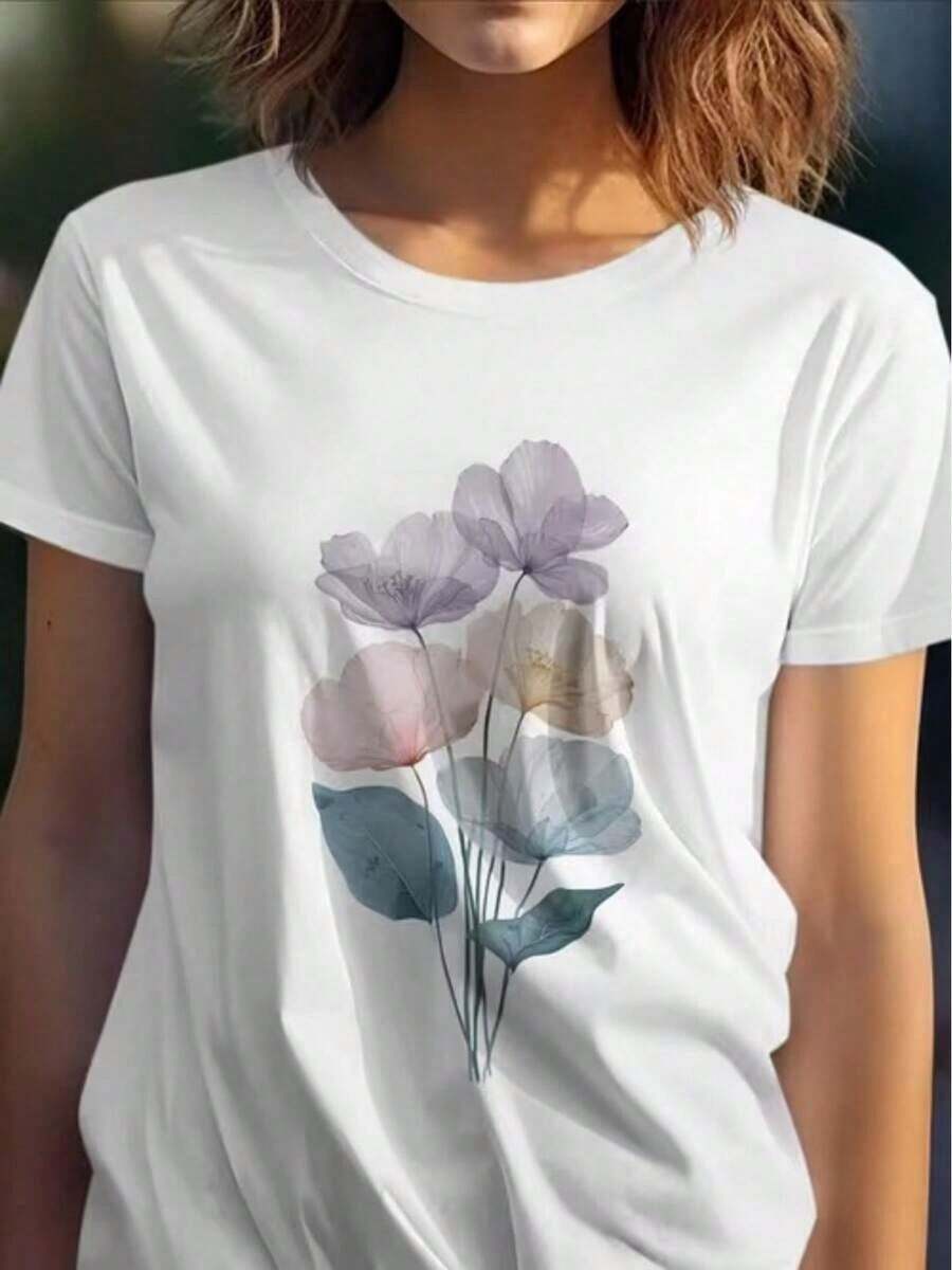 Women's T-Shirt 100% Cotton, Short Sleeve, SS26, Watercolor Floral Bouquet Graphic Print - 白色 - 查看 1