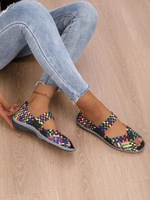 Rhombus Colorblock Plaid Boho Casual Elegant Woven Criss-Cross Embroidered Sneakers, Suitable For Casual, Work, Indoor And Outdoor Wear, All Seasons - Rainbow Purple - View 3