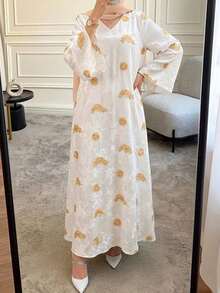 Đầm satin dài tay dáng rộng kiểu Ả Rập thanh lịch thêu jacquard dành cho nữ, màu trắng, trang phục dự tiệc cưới sang trọng, trang phục tốt nghiệp. - trắng - Xem 1