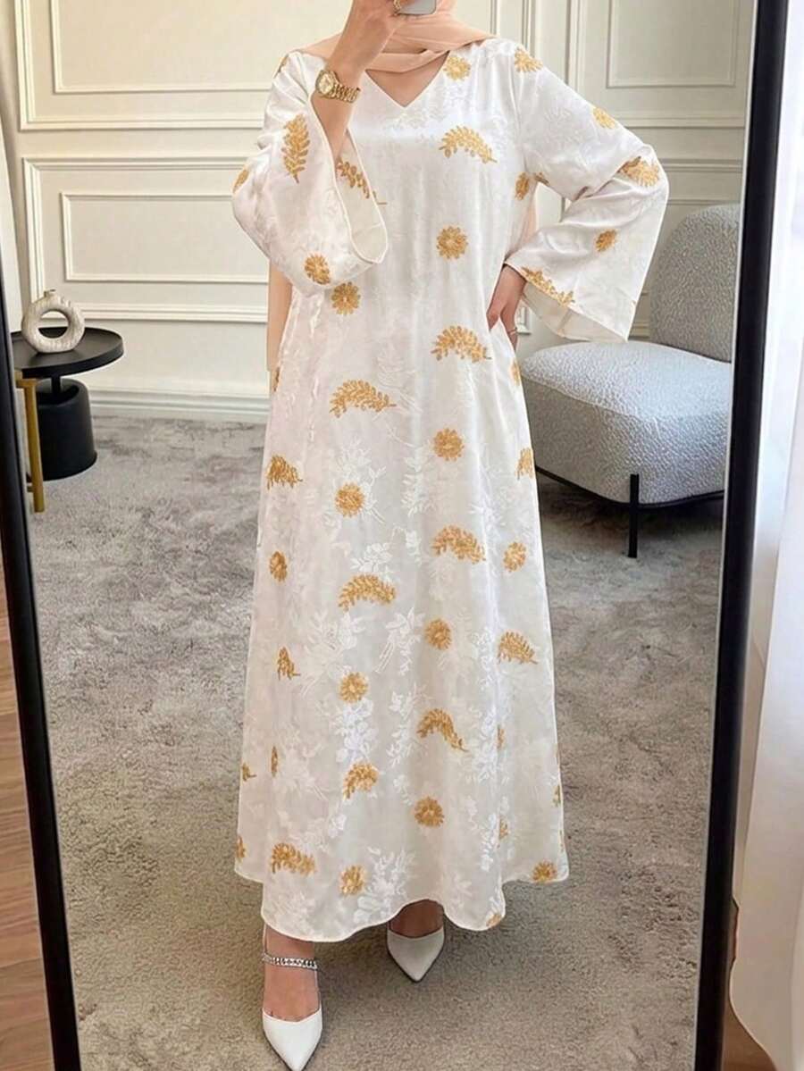 Đầm satin dài tay dáng rộng kiểu Ả Rập thanh lịch thêu jacquard dành cho nữ, màu trắng, trang phục dự tiệc cưới sang trọng, trang phục tốt nghiệp. - trắng - Xem 1