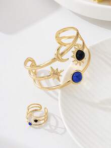 1 Set Glamorous Fashion Exaggerated Creative Metal Hollow Star Moon Rhinestone Inlaid Bracelet + Ring Jewelry Set, Versatile Daily Wear For Women - Yellow Gold - View 3