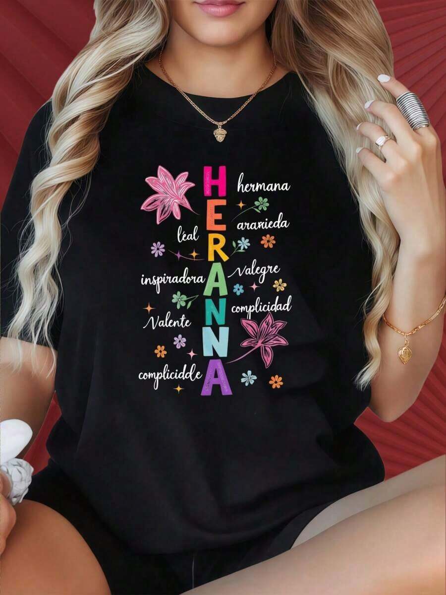 Women's Casual T-Shirt With A Round Neck And Short Sleeves, Featuring Interesting Prints. "Sister" T-Shirt With A Floral Design And Inspirational Words For Women, Black T-Shirt, Gift For Sisters, Suitable For Christmas Parties, Sports Activities, Holiday Parties, Outings, Sports, And Other Festive Gifts (220g). 100% Cotton, Durable. - 黑色 - 查看 1