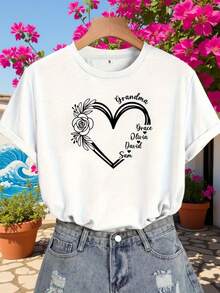 Personalized Heart-Shaped Name T-Shirt, Custom Name T-Shirt, Personalized Gift For Mom, Printed Name T-Shirt, Mother's Day Gift, Grandma Gift, Valentine's Day T-Shirt, Heart T-Shirt - 黑色 - 查看 7
