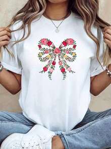 June Birthday Floral Print T-Shirt - Casual Top With Black Rose Print And Bow, Unisex, Round Neck, Short Sleeve, Breathable And Comfortable, Suitable For Spring, Summer And Autumn, Natural Style Design, Durable Printed T-Shirt, Wildflower Pattern, Soft Material, A Must-Have Fashion Item For Nature Lovers. - 白色 - 查看 7