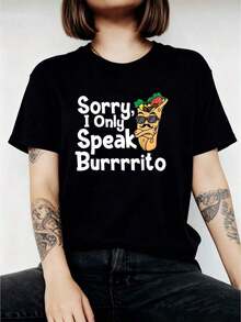 Loose Funny Mexican Food T-Shirt, Sorry I Only Speak Burrito, Graphic Tees, Crop Tops For Women, Summer Outfits For Women, Summer Tops Basic Crew Neck Cotton T-Shirt For Women - 黑色 - 查看 9