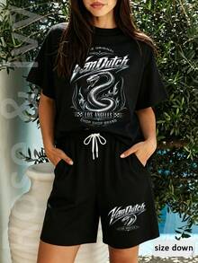 2Pcs Women's Double Side Print T-Shirt And Short Set Van Dutch Dragon Logo Los Angeles Chop Shop Brand American Vintage Full Print Street Wear Ideal Gift For 2026 Mother's Day Outfit 4th Of July Outfit Women Museera Aneewsta Women Vacation Outfits Women Beach Vonn Dutch - màu đen - Xem 1