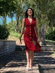 Vestido camisa corto sin mangas elegante para mujer, de tela tejida con detalles de botones, para boda, fiesta y primavera - Rojo - Ver 9
