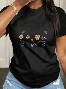Women's T-Shirt For Mother's Day, Casual, Short Sleeve, Round Neck, Medium Elasticity Fabric, Suitable For Spring, Summer And Autumn Casual Wear, Machine Washable, Fun Design - 黑色 - 查看 1