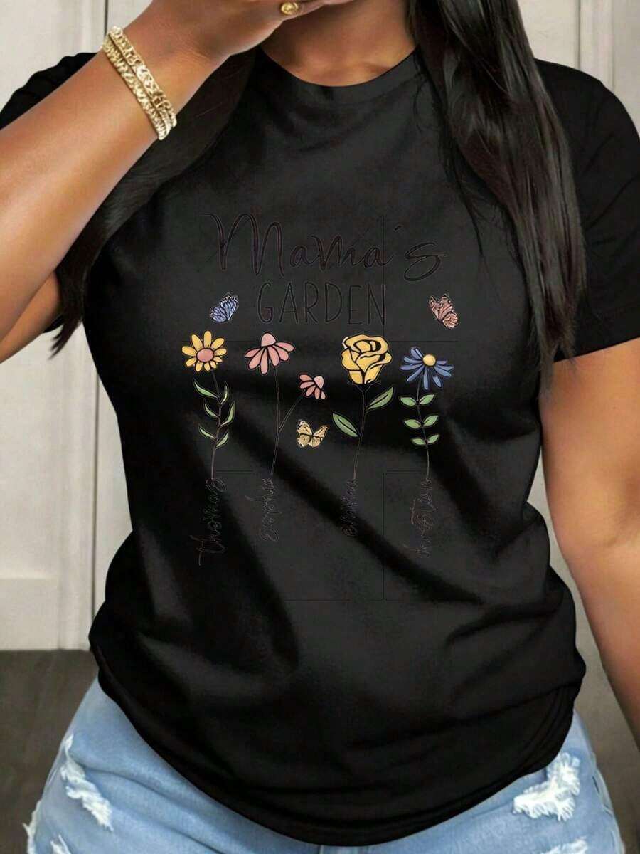 Women's T-Shirt For Mother's Day, Casual, Short Sleeve, Round Neck, Medium Elasticity Fabric, Suitable For Spring, Summer And Autumn Casual Wear, Machine Washable, Fun Design - 黑色 - 查看 1