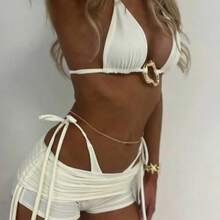 Traje de baño de dos piezas para mujer, traje de baño sexy con tiras sencillas, conjunto de bikini ajustado de tres piezas. - Negro - Ver 2