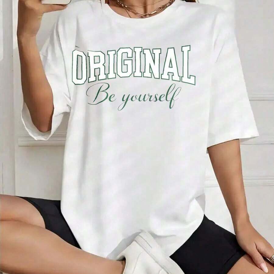 Original "Be Yourself" Graphic T-Shirt, White, Casual, Loose Fit For Women, Everyday Wear, Urban Style, Fashion Top - High Quality - 白色 - 查看 1