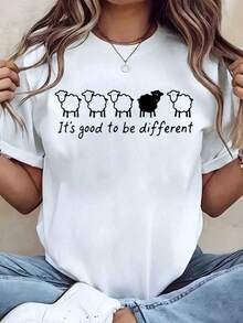 Soft, Breathable, And Lightweight For All-Day Comfort. Women's T-Shirt With A Sheep Print And The Slogan "It's Good To Be Different," Crew Neck, Regular Fit, Casual Wear, Gift Idea, 220g. Classic Crew Neck With A Relaxed Fit That Flatters All Body Shapes And Is Easy To Pair With Jeans, Shorts, And Leggings. - 白色 - 查看 1