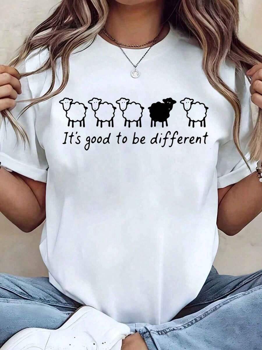 Soft, Breathable, And Lightweight For All-Day Comfort. Women's T-Shirt With A Sheep Print And The Slogan "It's Good To Be Different," Crew Neck, Regular Fit, Casual Wear, Gift Idea, 220g. Classic Crew Neck With A Relaxed Fit That Flatters All Body Shapes And Is Easy To Pair With Jeans, Shorts, And Leggings. - 白色 - 查看 1