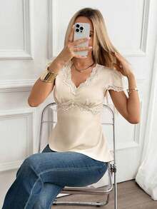 Camisa con mangas de pétalos de encaje con parches, lazo en la cintura y bajo asimétrico, estilo casual y elegante para oficina, primavera/verano - Albaricoque - Ver 1